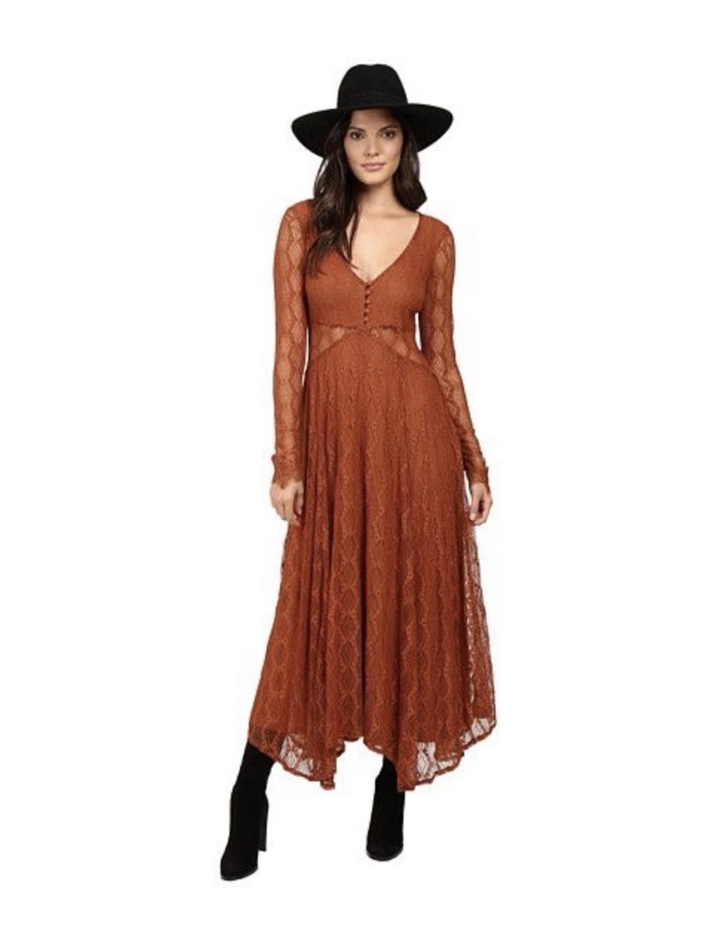 Free People Guinevere Lace Maxi Dress Rust Bronze Renfaire Victorian Ethereal